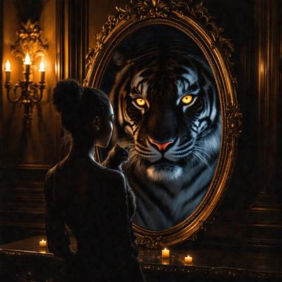 The primary subject of the image is a woman standing in front of a mirror. The setting is a room with a candlelit table, and the visual style appears to be a photo. The woman is wearing a black dress, and the overall atmosphere is dark and mysterious.